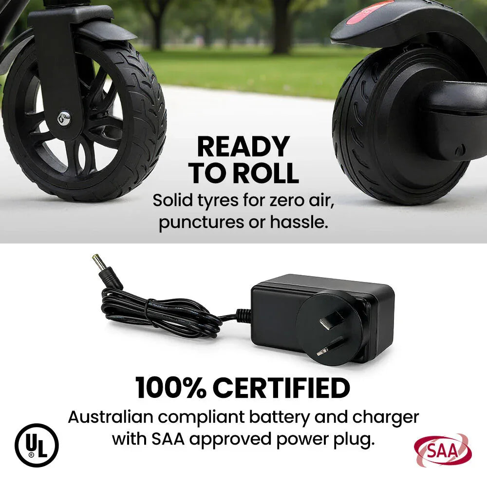 ALPHA Edge Electric Scooter Kids/Teens, 16km/h Max, Adjustable Height, UL Certified, AU Compliant, Dual Brakes, Bluetooth Music, LED, Blue - Mekamart Australia