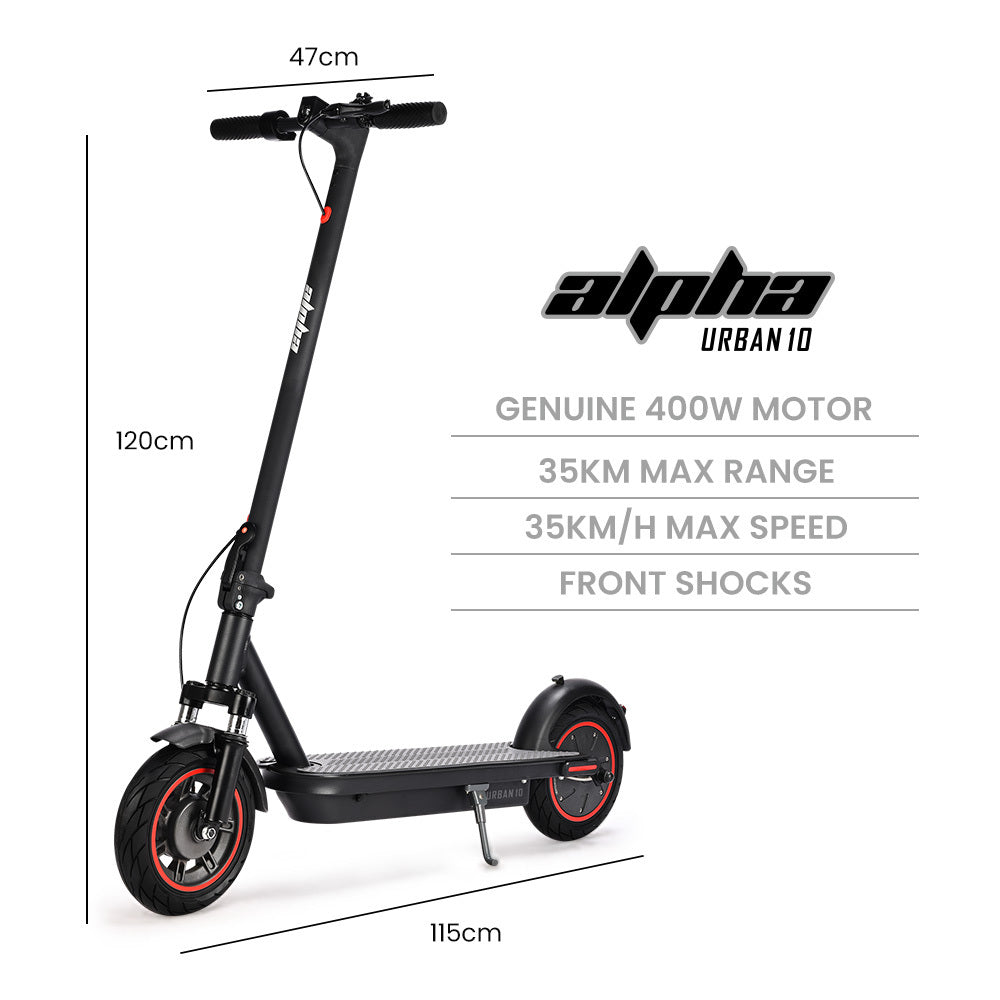 ALPHA Urban 10 Electric Scooter, AU Compliant, 35km/h, Suspension, 35km Range, 10-Inch Wheels, Brushless Motor, Free APP, Motorised Commuter eScooter for Adults, Black