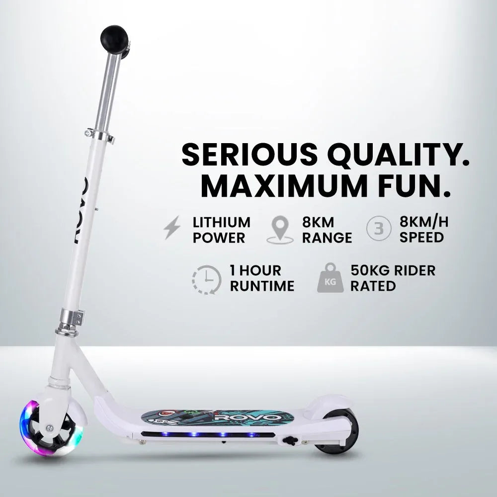 ROVO KIDS WhizKid Electric Scooter, Ages 5-11, Adjustable Height, AU Compliant, Lithium Battery, Brushless Motor, White - Mekamart Australia