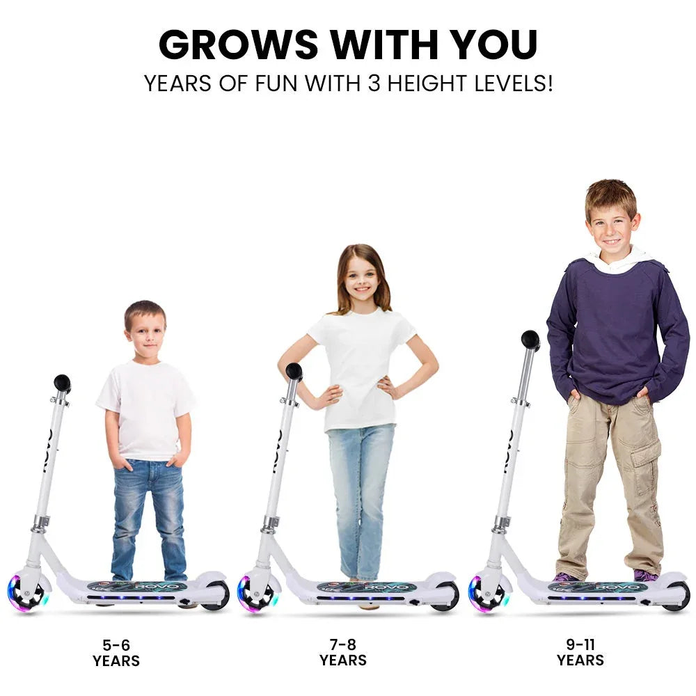 ROVO KIDS WhizKid Electric Scooter, Ages 5-11, Adjustable Height, AU Compliant, Lithium Battery, Brushless Motor, White - Mekamart Australia