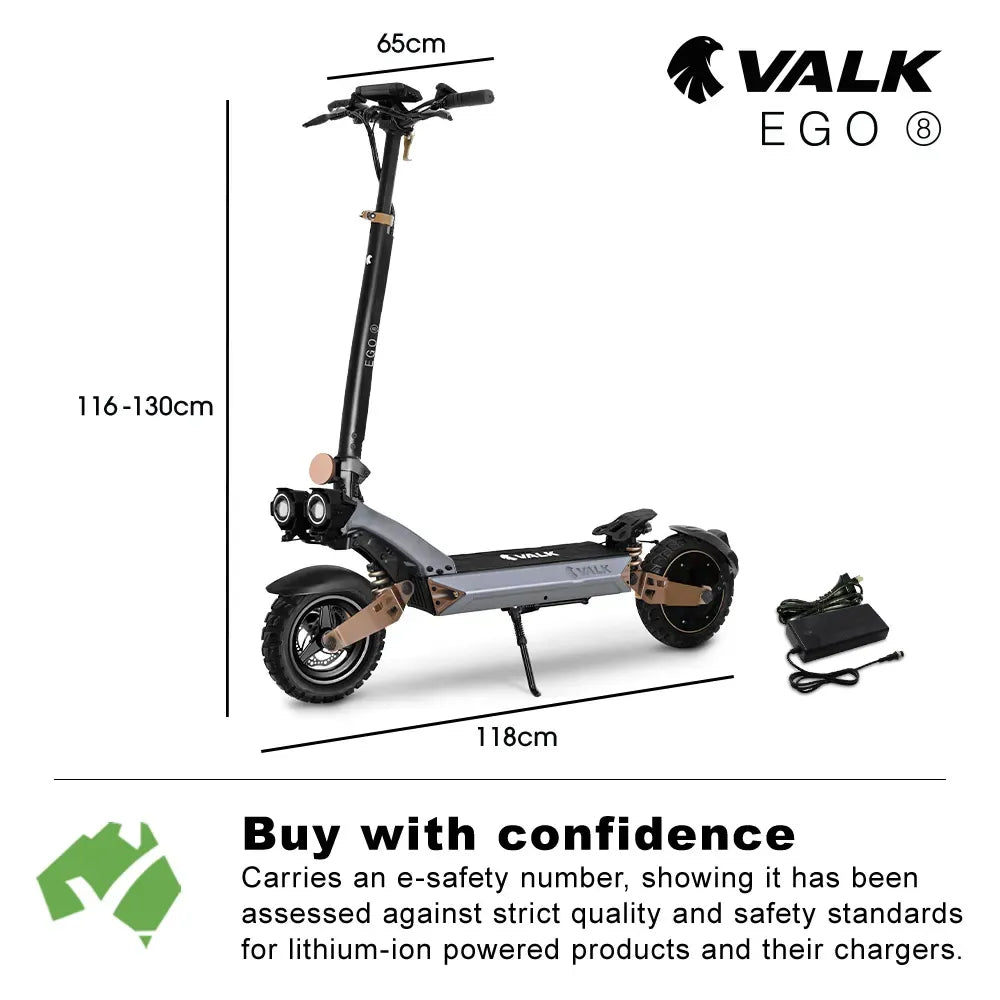 VALK Ego 8 Electric Scooter, 45km/h Max, AU Compliant, 48V 13Ah, Up to 55km Range, eScooter for Adults, Foldable, Off Road, Black/Bronze