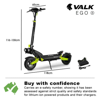 VALK Ego 8 Electric Scooter, 45km/h Max, AU Compliant, 48V 13Ah, Up to 55km Range, eScooter for Adults, Foldable, Off Road, Black/Green