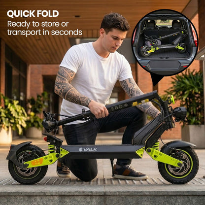 VALK Ego 8 Electric Scooter, 45km/h Max, AU Compliant, 48V 13Ah, Up to 55km Range, eScooter for Adults, Foldable, Off Road, Black/Green