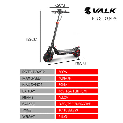 VALK Fusion 5 Electric Scooter, 500W, AU Compliant, 48V 13Ah Lithium, 50km Range, 40km/h, Quad Shocks, 10 inch Tyres