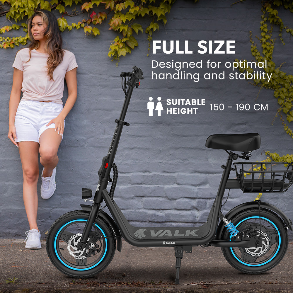 VALK Electric Scooter with Seat, 30km Range, AU Compliant, Disc brakes, 14" Tyres, for Adults, Teens, Commuter