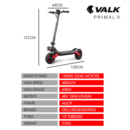 VALK Primal 9 Dual Motor Electric Scooter, 1600W, AU Compliant, for Extreme Hill Climbing, Black/Red