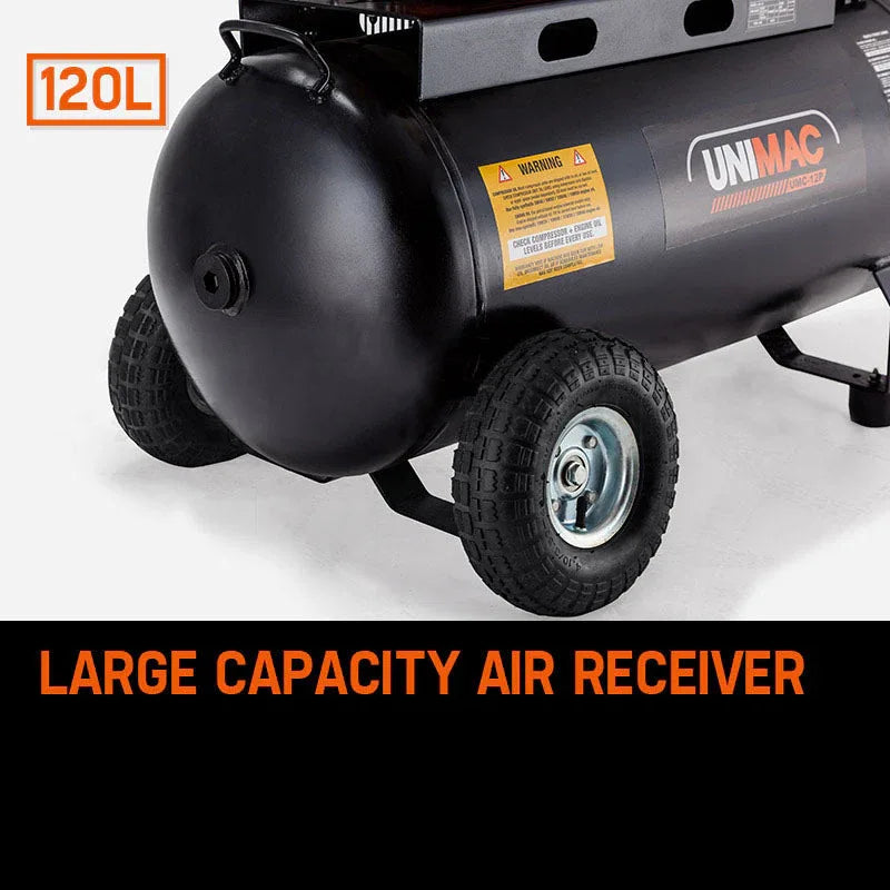 UNIMAC 8HP Air Compressor 115PSI 120L Petrol Powered Industrial Air Conditioning - Mekamart Australia