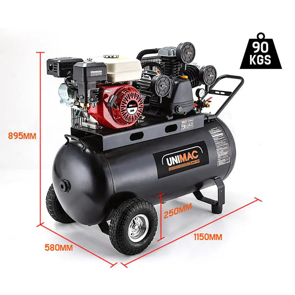 UNIMAC 8HP Air Compressor 115PSI 120L Petrol Powered Industrial Air Conditioning - Mekamart Australia