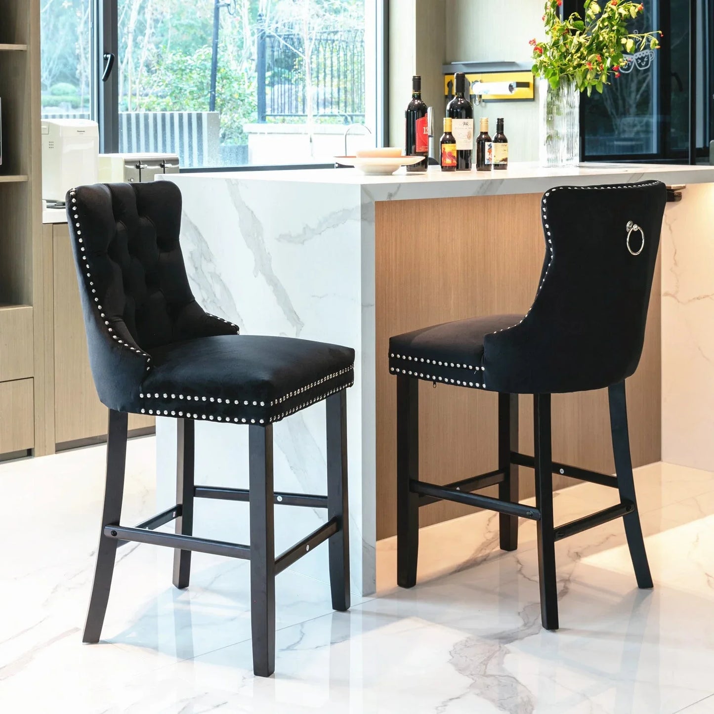 4X Velvet Bar Stools with Studs Trim Wooden Legs Tufted Dining Chairs Kitchen - Mekamart Australia