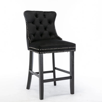 4X Velvet Bar Stools with Studs Trim Wooden Legs Tufted Dining Chairs Kitchen - Mekamart Australia