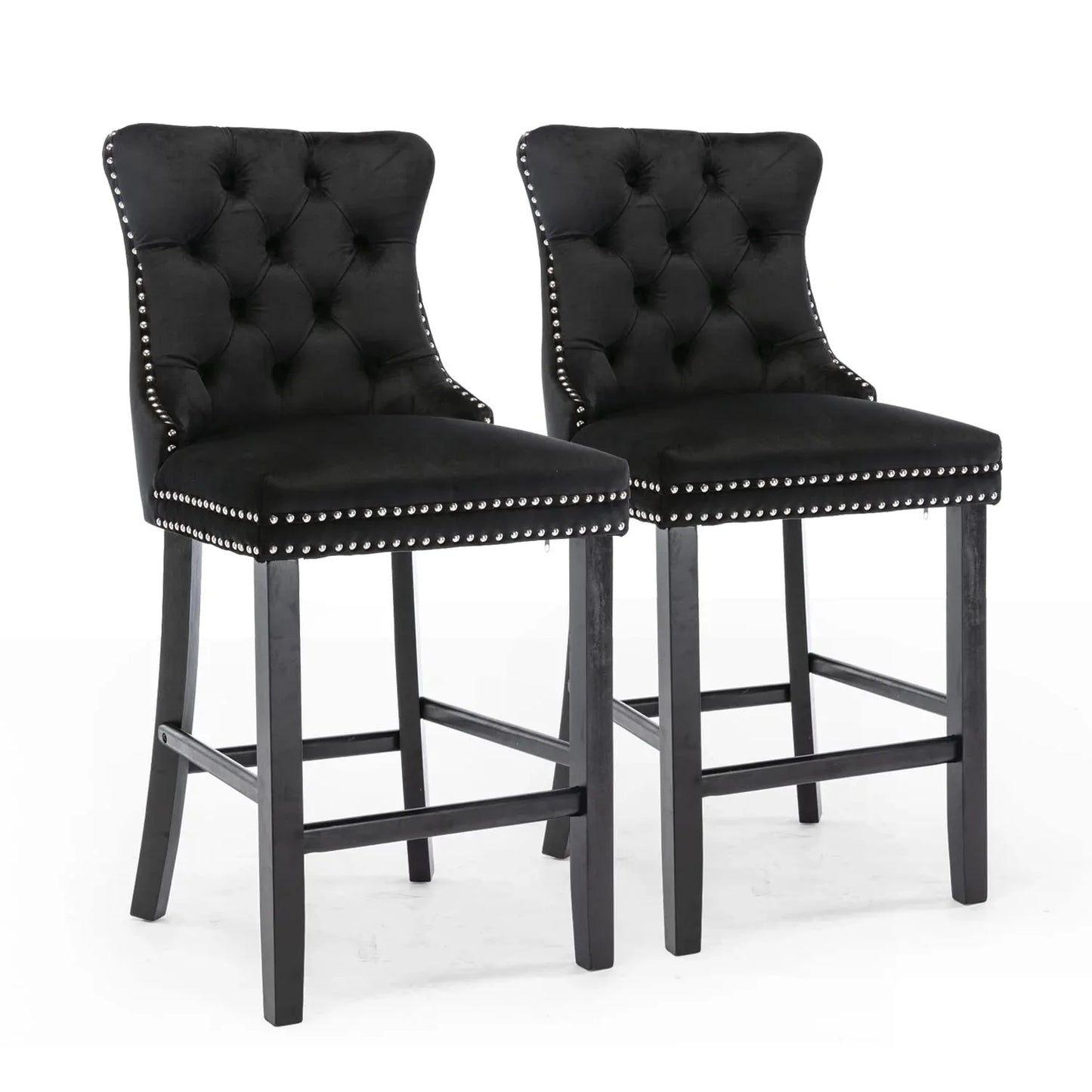 4X Velvet Bar Stools with Studs Trim Wooden Legs Tufted Dining Chairs Kitchen - Mekamart Australia
