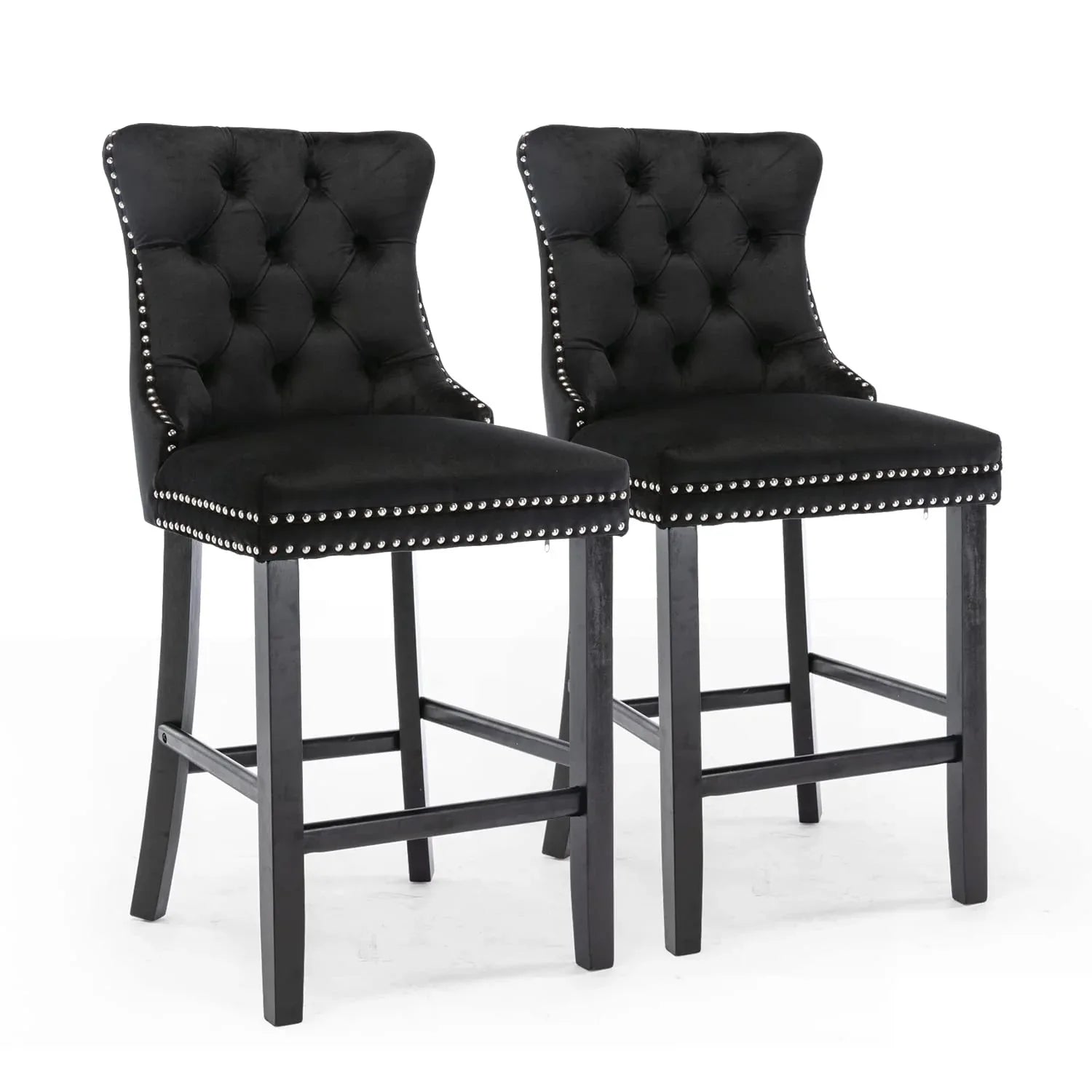 4X Velvet Bar Stools with Studs Trim Wooden Legs Tufted Dining Chairs Kitchen - Mekamart Australia