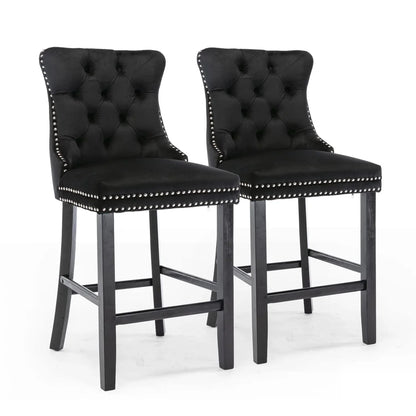 4X Velvet Bar Stools with Studs Trim Wooden Legs Tufted Dining Chairs Kitchen - Mekamart Australia