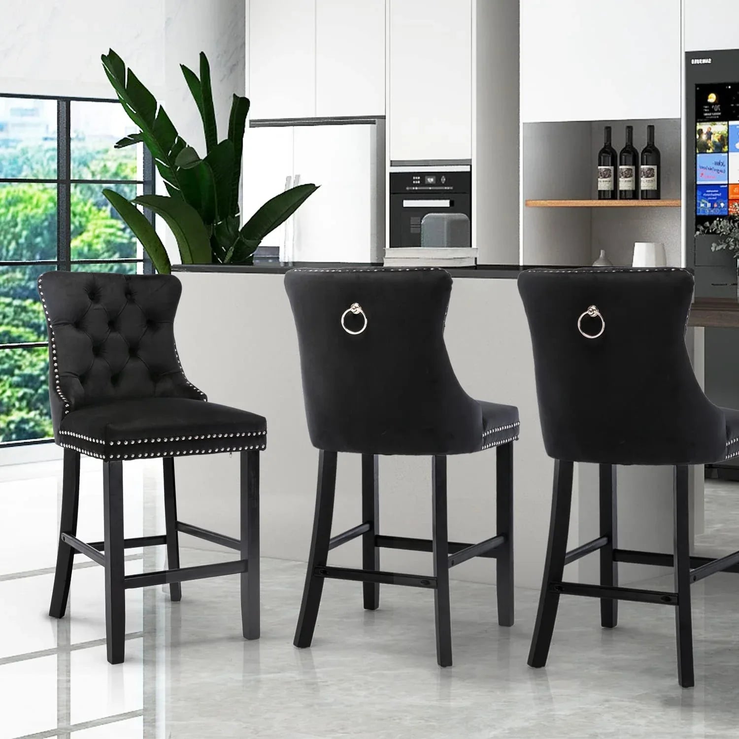 4X Velvet Bar Stools with Studs Trim Wooden Legs Tufted Dining Chairs Kitchen - Mekamart Australia