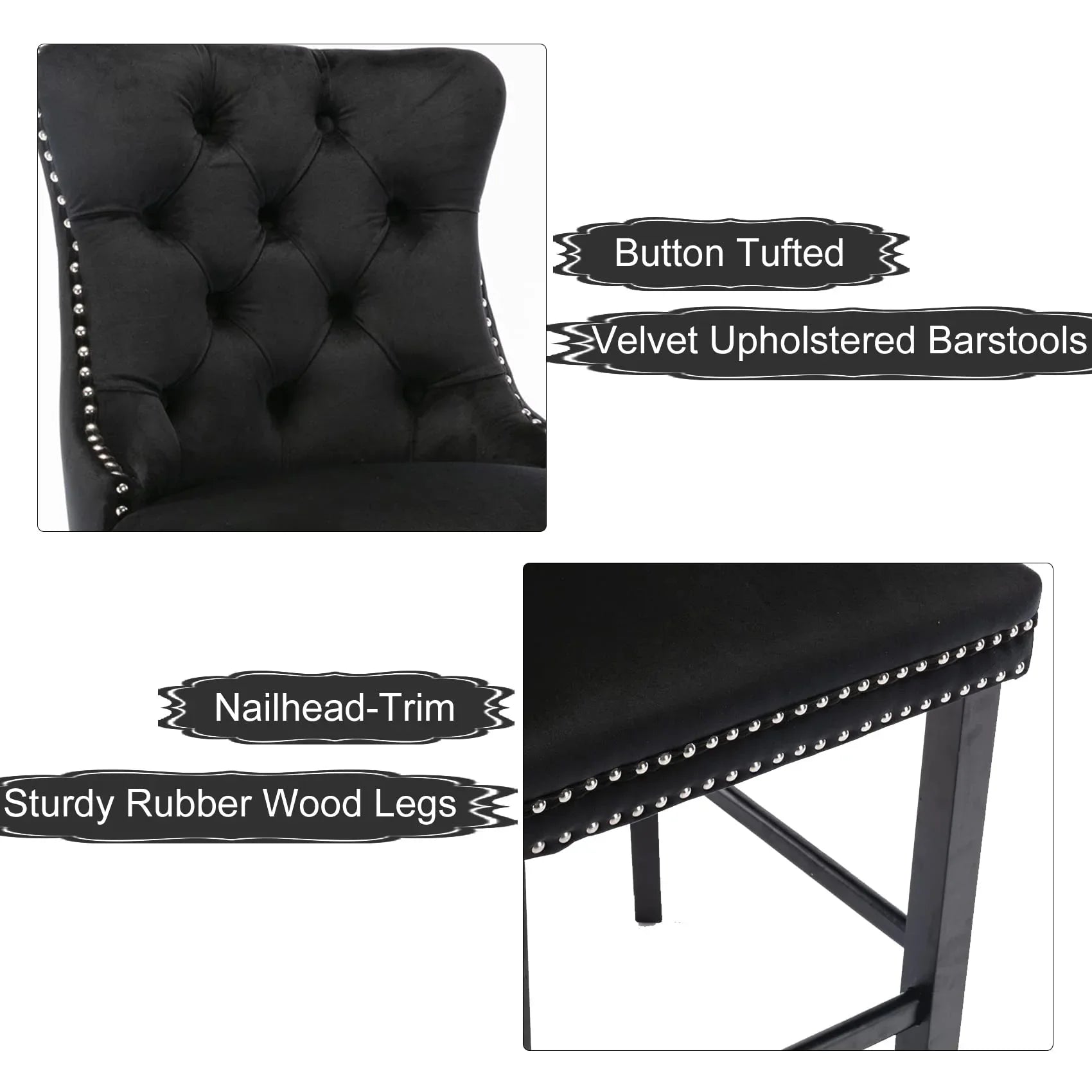 4X Velvet Bar Stools with Studs Trim Wooden Legs Tufted Dining Chairs Kitchen - Mekamart Australia