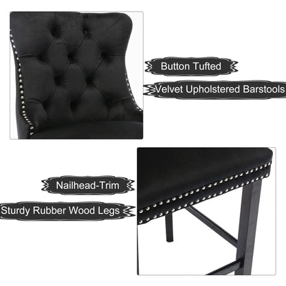 4X Velvet Bar Stools with Studs Trim Wooden Legs Tufted Dining Chairs Kitchen - Mekamart Australia