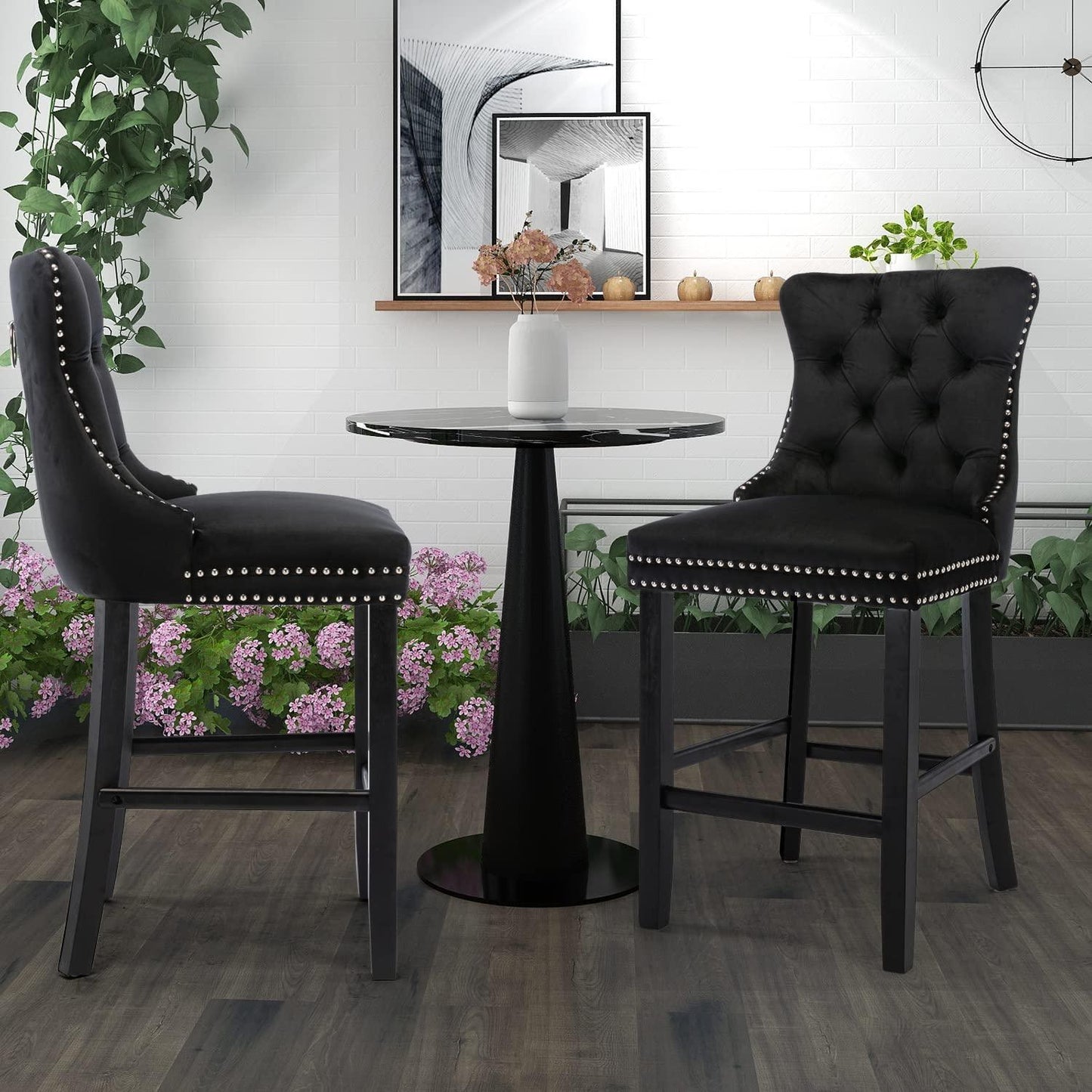 6X Velvet Bar Stools with Studs Trim Wooden Legs Tufted Dining Chairs Kitchen - Mekamart Australia