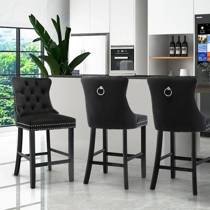 6X Velvet Bar Stools with Studs Trim Wooden Legs Tufted Dining Chairs Kitchen - Mekamart Australia