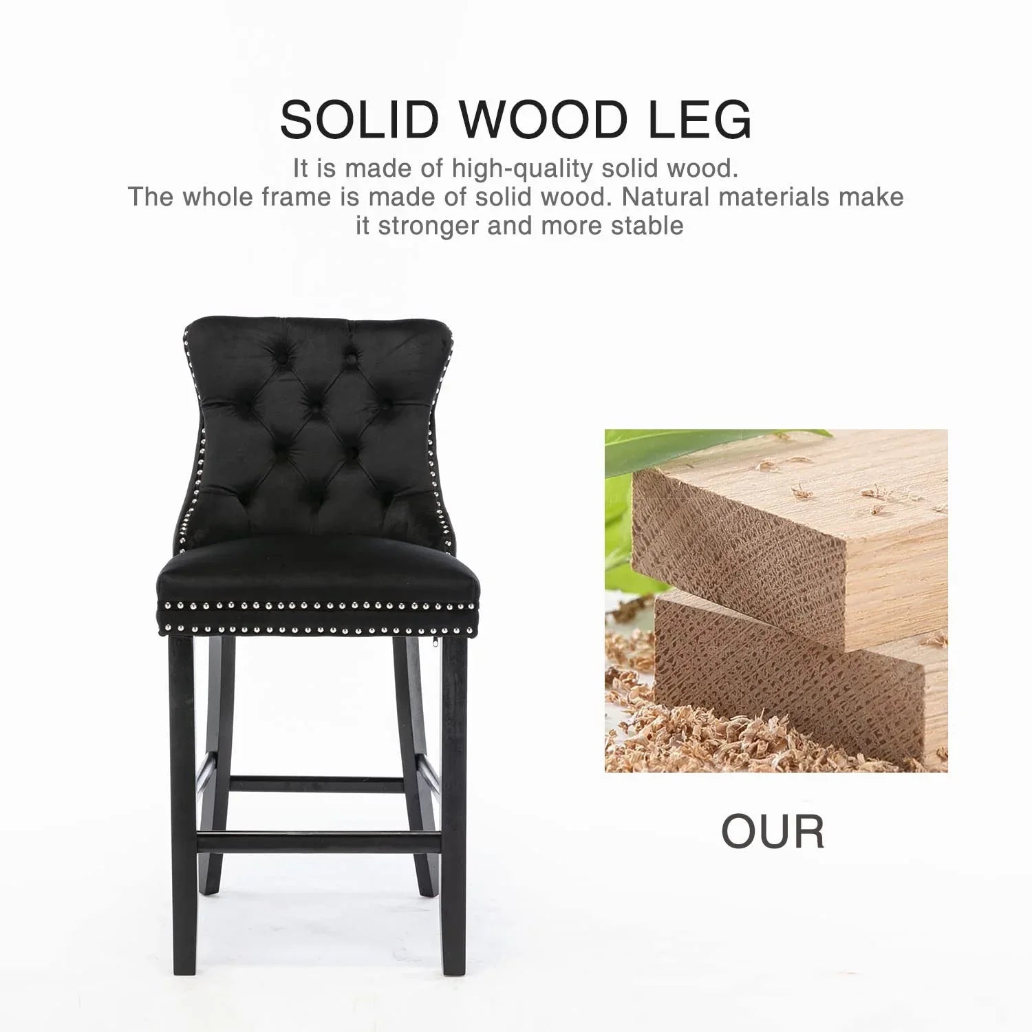 6X Velvet Bar Stools with Studs Trim Wooden Legs Tufted Dining Chairs Kitchen - Mekamart Australia