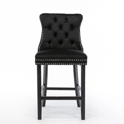 2X Velvet Bar Stools with Studs Trim Wooden Legs Tufted Dining Chairs Kitchen - Mekamart Australia