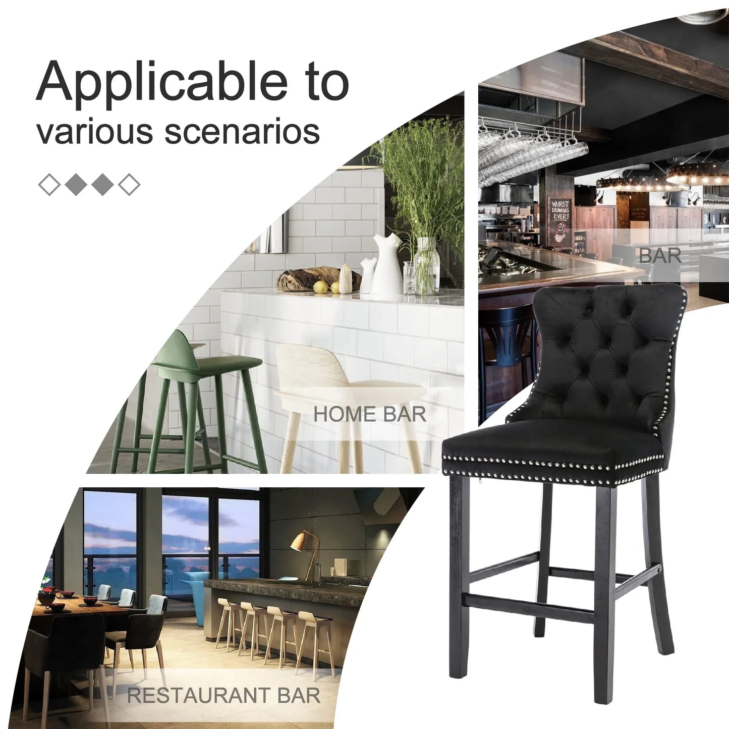 2X Velvet Bar Stools with Studs Trim Wooden Legs Tufted Dining Chairs Kitchen - Mekamart Australia