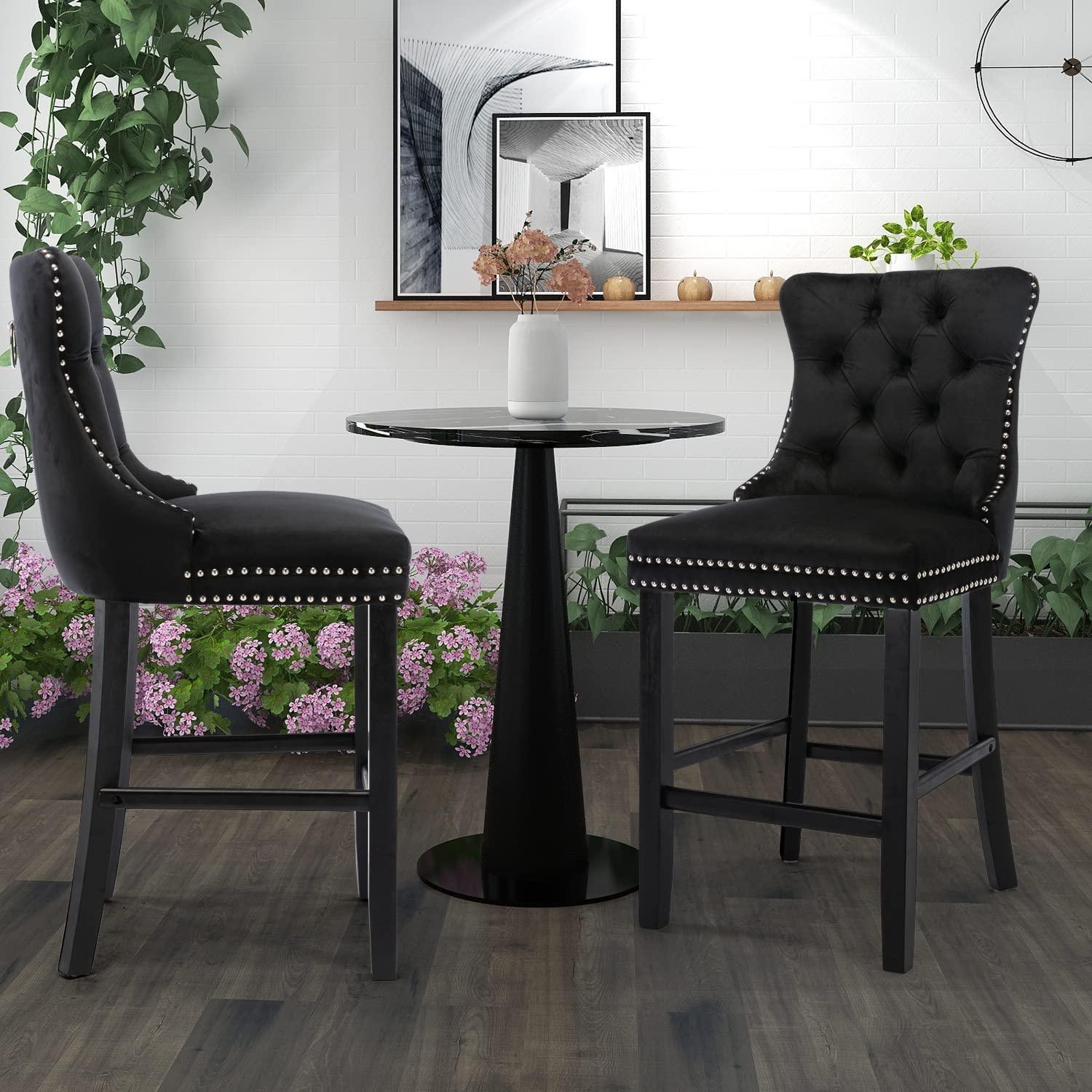 2X Velvet Bar Stools with Studs Trim Wooden Legs Tufted Dining Chairs Kitchen - Mekamart Australia