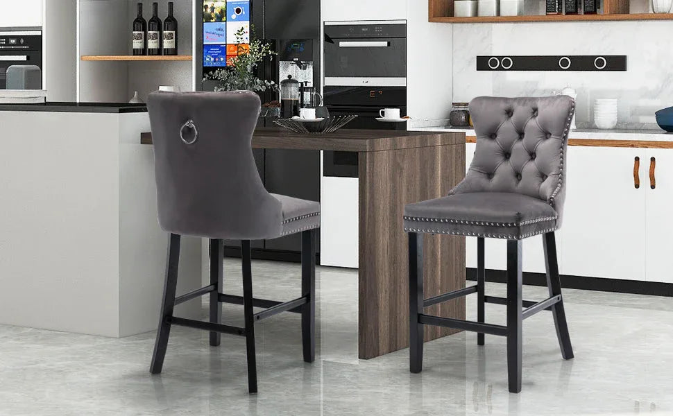 4X Velvet Bar Stools with Studs Trim Wooden Legs Tufted Dining Chairs Kitchen - Mekamart Australia