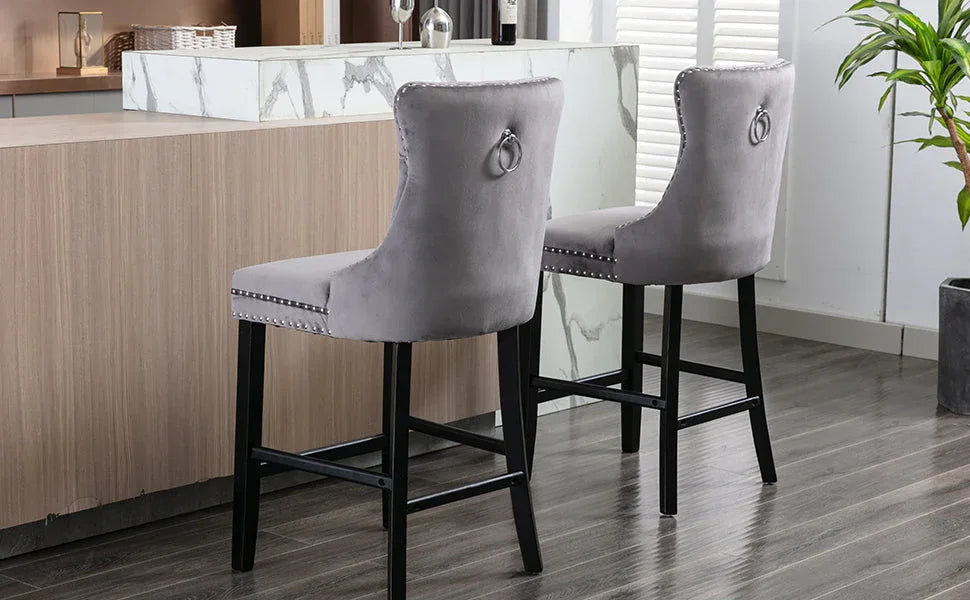 2X Velvet Bar Stools with Studs Trim Wooden Legs Tufted Dining Chairs Kitchen - Mekamart Australia