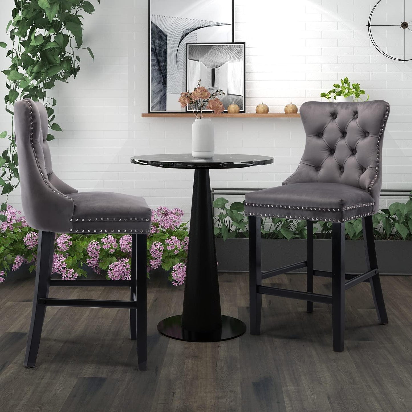 2X Velvet Bar Stools with Studs Trim Wooden Legs Tufted Dining Chairs Kitchen - Mekamart Australia