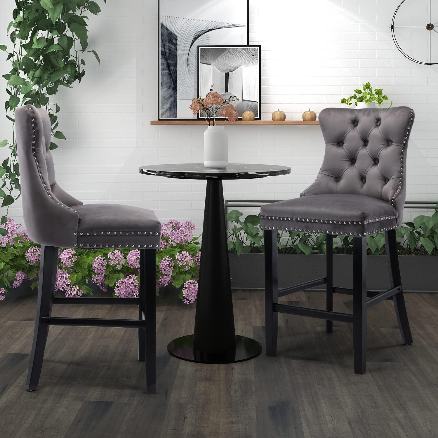 2X Velvet Bar Stools with Studs Trim Wooden Legs Tufted Dining Chairs Kitchen - Mekamart Australia
