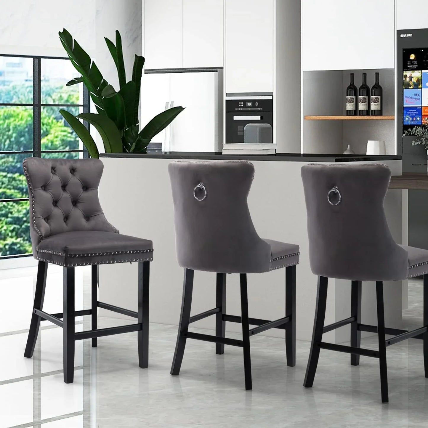 2X Velvet Bar Stools with Studs Trim Wooden Legs Tufted Dining Chairs Kitchen - Mekamart Australia