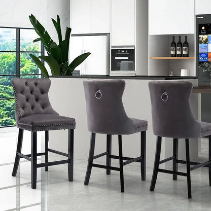 2X Velvet Bar Stools with Studs Trim Wooden Legs Tufted Dining Chairs Kitchen - Mekamart Australia