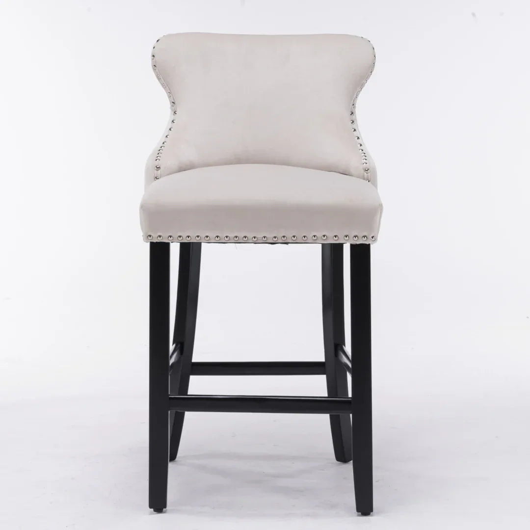 4x Velvet Upholstered Button Tufted Bar Stools with Wood Legs and Studs-Beige - Mekamart Australia
