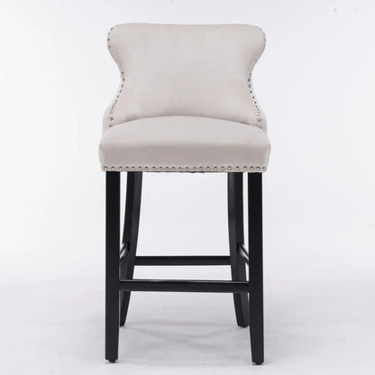 4x Velvet Upholstered Button Tufted Bar Stools with Wood Legs and Studs-Beige - Mekamart Australia