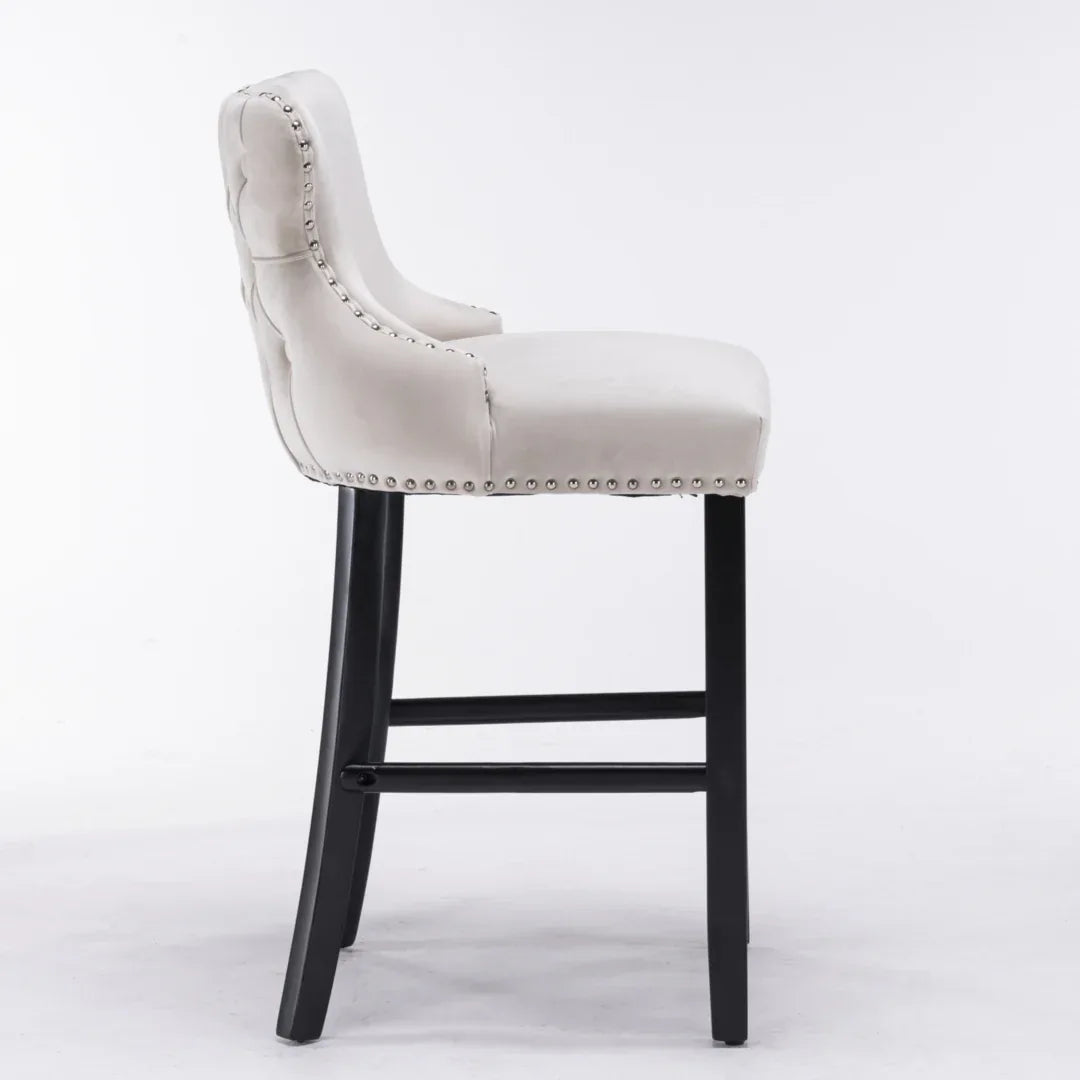 4x Velvet Upholstered Button Tufted Bar Stools with Wood Legs and Studs-Beige - Mekamart Australia