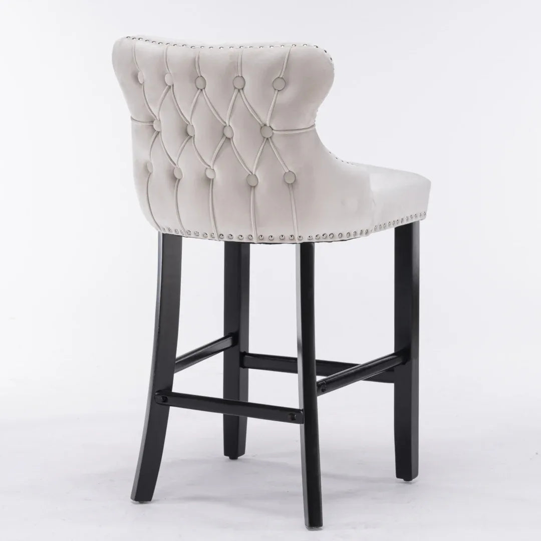 4x Velvet Upholstered Button Tufted Bar Stools with Wood Legs and Studs-Beige - Mekamart Australia