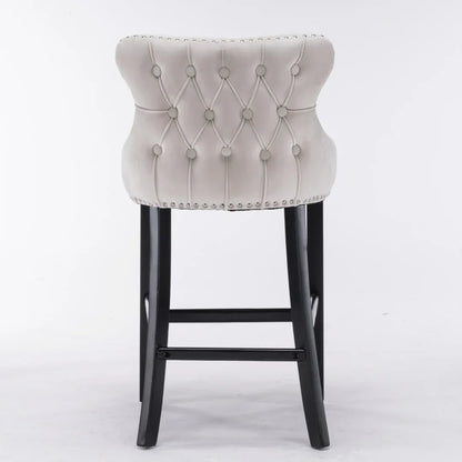 4x Velvet Upholstered Button Tufted Bar Stools with Wood Legs and Studs-Beige - Mekamart Australia