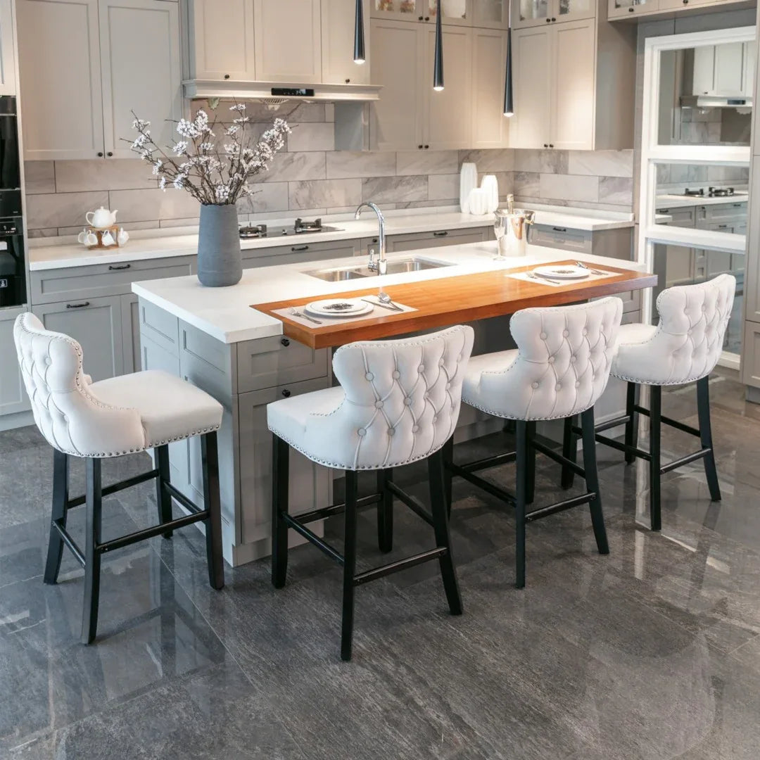 4x Velvet Upholstered Button Tufted Bar Stools with Wood Legs and Studs-Beige - Mekamart Australia