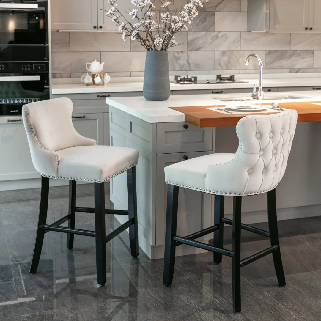 4x Velvet Upholstered Button Tufted Bar Stools with Wood Legs and Studs-Beige - Mekamart Australia