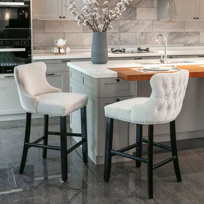 4x Velvet Upholstered Button Tufted Bar Stools with Wood Legs and Studs-Beige - Mekamart Australia