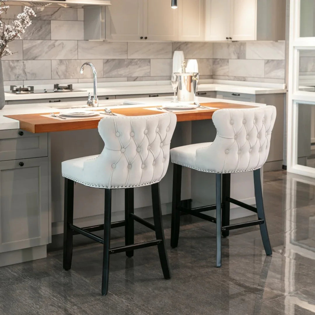 4x Velvet Upholstered Button Tufted Bar Stools with Wood Legs and Studs-Beige - Mekamart Australia