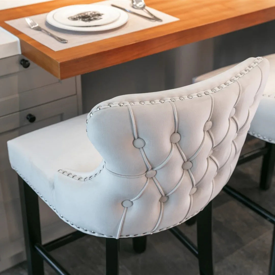 4x Velvet Upholstered Button Tufted Bar Stools with Wood Legs and Studs-Beige - Mekamart Australia