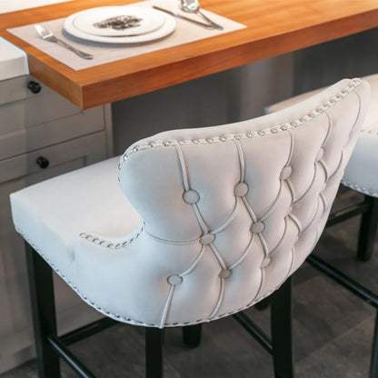 4x Velvet Upholstered Button Tufted Bar Stools with Wood Legs and Studs-Beige - Mekamart Australia