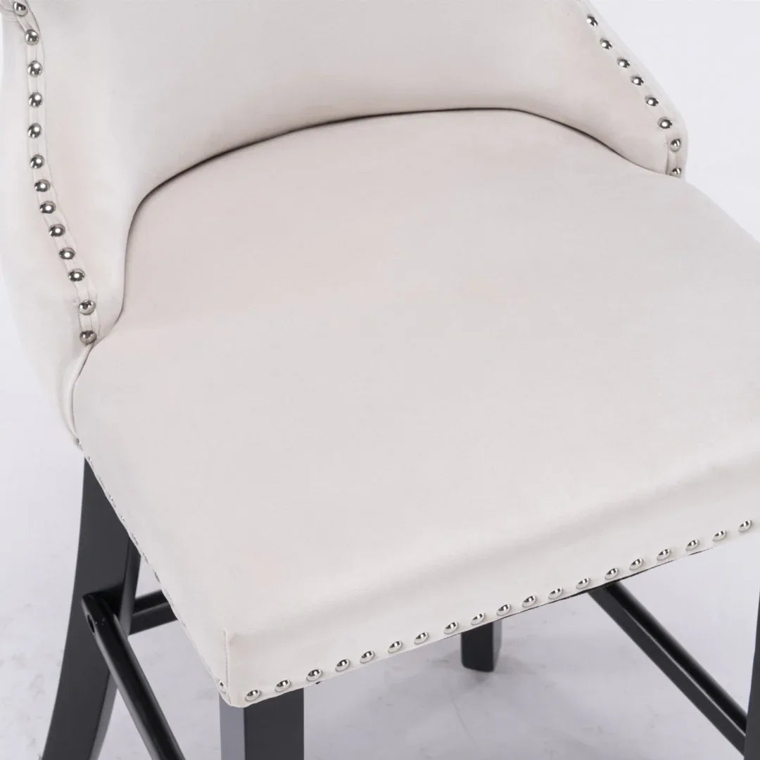 4x Velvet Upholstered Button Tufted Bar Stools with Wood Legs and Studs-Beige - Mekamart Australia