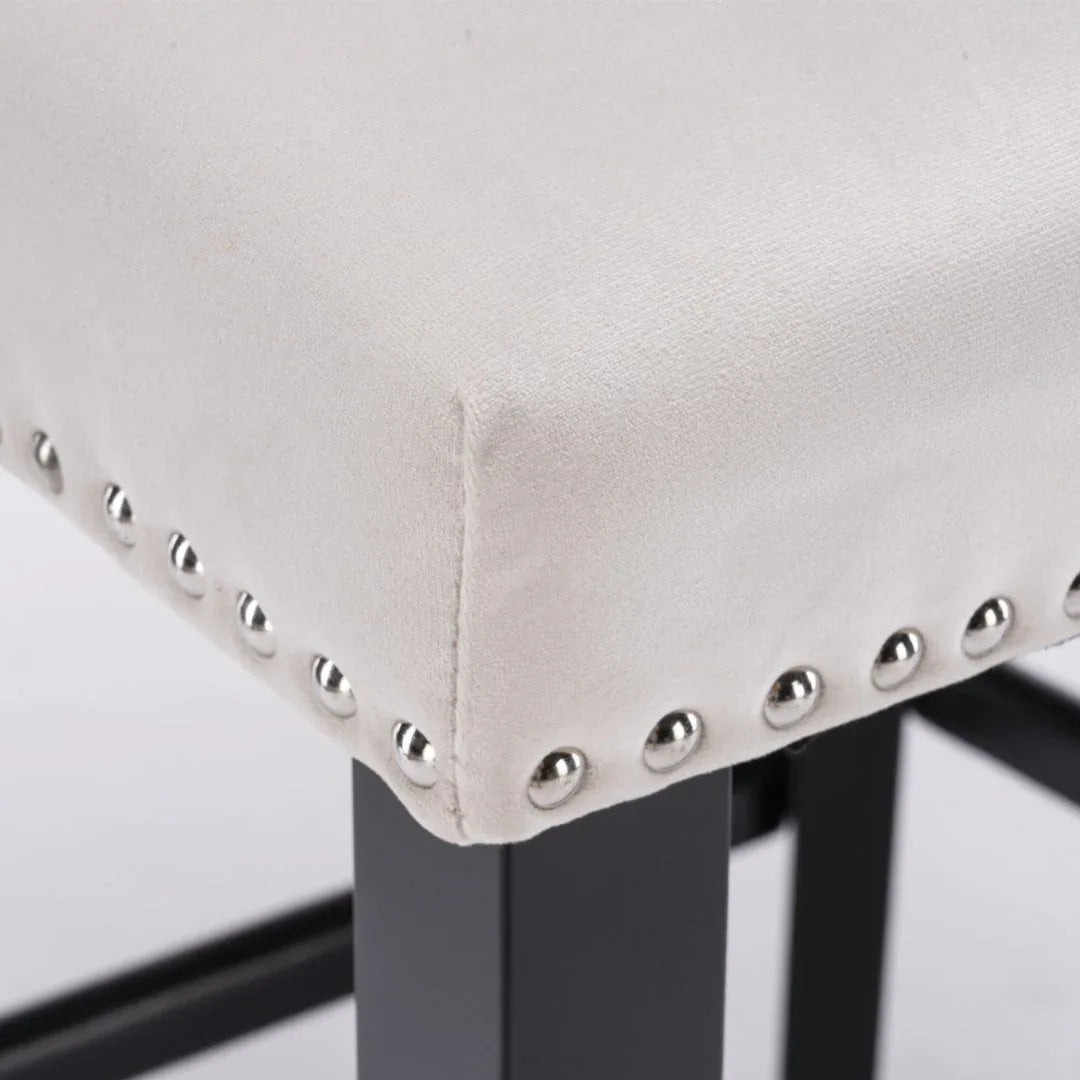 4x Velvet Upholstered Button Tufted Bar Stools with Wood Legs and Studs-Beige - Mekamart Australia