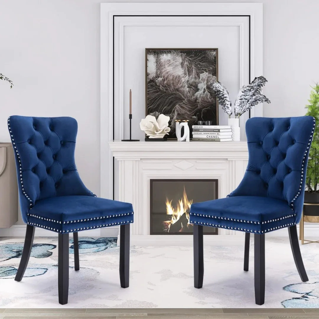 2x Velvet Dining Chairs Upholstered Tufted Kithcen Chair with Solid Wood Legs Stud Trim and Ring-Blue - Mekamart Australia