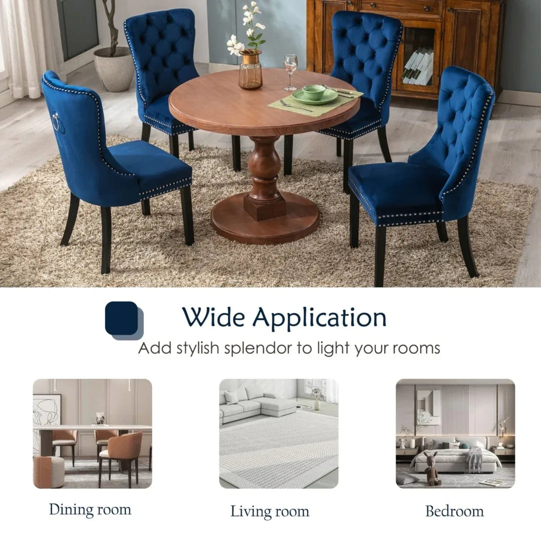 2x Velvet Dining Chairs Upholstered Tufted Kithcen Chair with Solid Wood Legs Stud Trim and Ring-Blue - Mekamart Australia