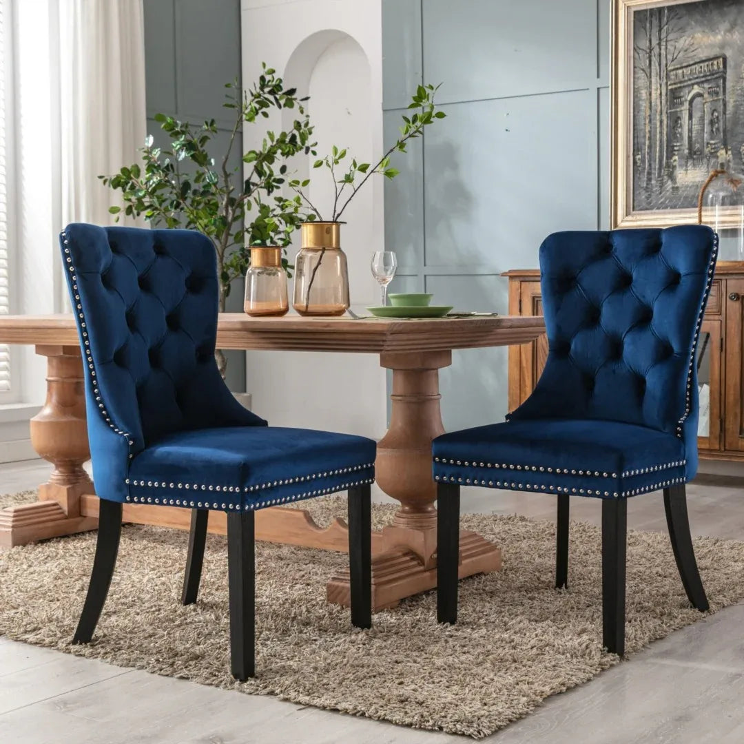2x Velvet Dining Chairs Upholstered Tufted Kithcen Chair with Solid Wood Legs Stud Trim and Ring-Blue - Mekamart Australia