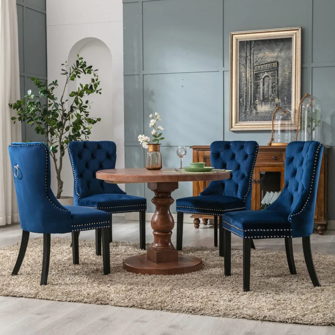 2x Velvet Dining Chairs Upholstered Tufted Kithcen Chair with Solid Wood Legs Stud Trim and Ring-Blue - Mekamart Australia