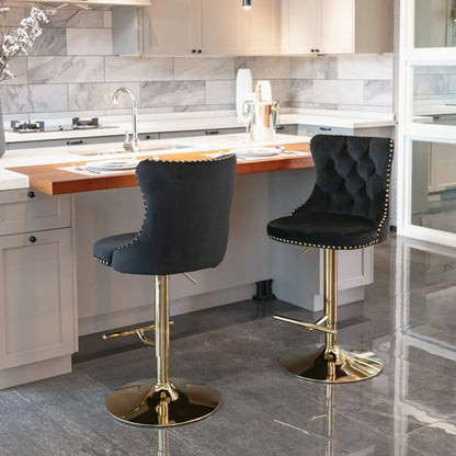 4x Height Adjustable Swivel Bar Stool Velvet Studs Barstool with Footrest and Golden Base- Black - Mekamart Australia